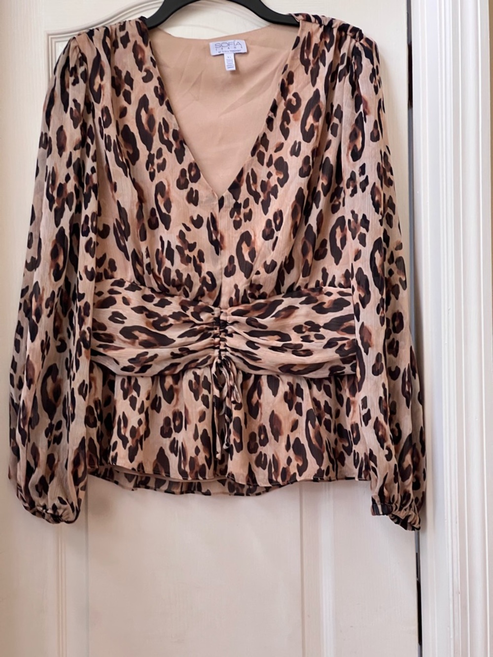 Sofia Jeans by Sofia Vergara Tan and Brown Leopard Animal Print V-Neck Blouse